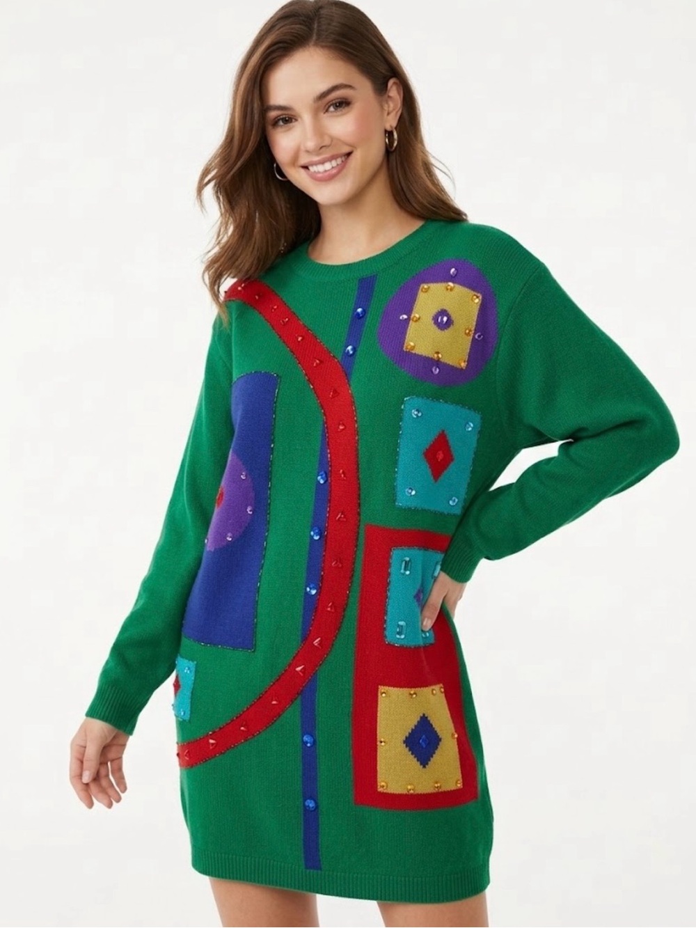 VTG 80s 90s Geometric Sequin Angora Lambswool Sweater Dress Green Abstract- S